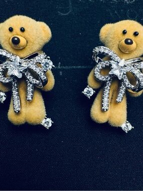 Plush Teddy Bow Earrings - Yellow Plush Bear with Sparkling Silver Bow